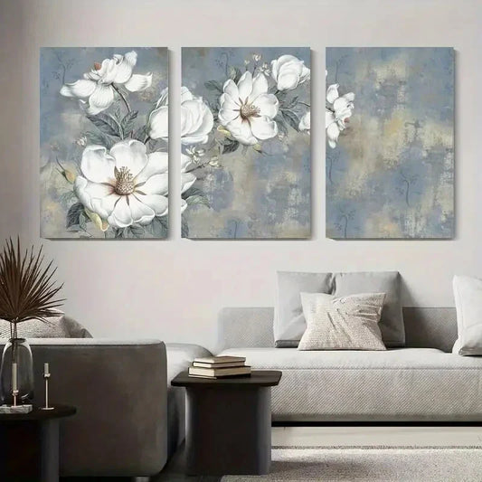 3pcs White Magnolia Floral Vintage Gray Metal Print Ready to Hang Art
