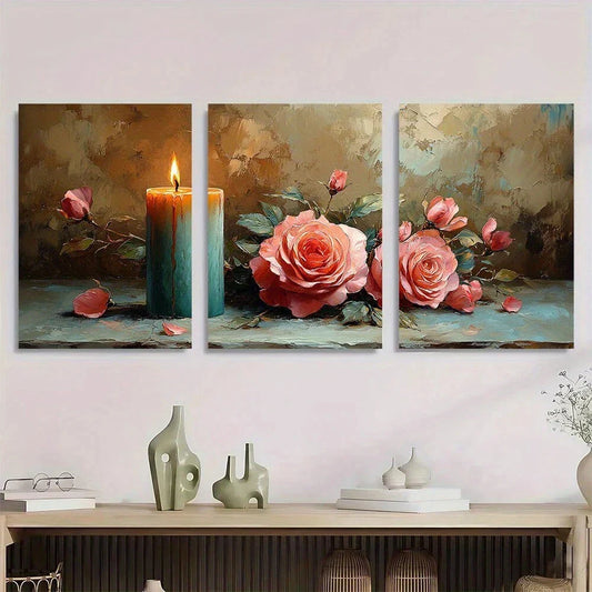 3pcs Serene Candle & Blooming Roses Metal Print Ready to Hang Art