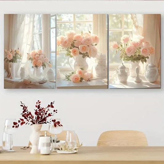 3pcs Soft Pink Roses In Elegant Porcelain Vases Metal Print Ready to Hang Art
