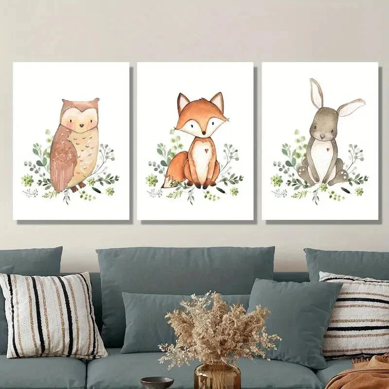 3pcs Owl fox and rabbit, cute bunny Metal Print Ready to Hang Art