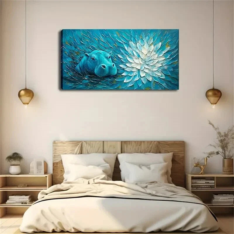 Modern Blue Floral Hippo Wall Art Canvas Office Home Room Framed 120x60cm