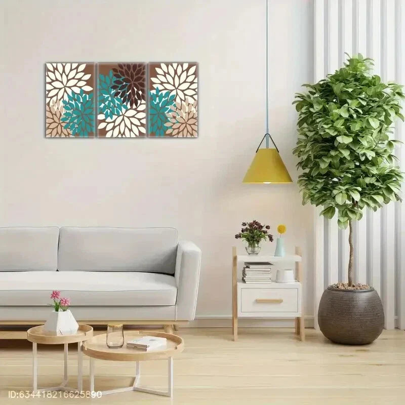3pcs Botanical Flowers Bloom Teal Brown Cream Metal Print Ready to Hang Art