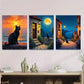 3pcs Black Cat Sunset & Moonlit Village Houses Wall Art Set Canvas Framed 40x60cm - High Quality Print 100% Australian Made Wall Canvas Ready to Hang