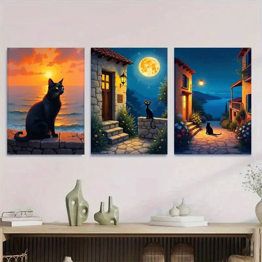 3pcs Black Cat Sunset & Moonlit Village Houses Wall Art Set Canvas Framed 40x60cm - High Quality Print 100% Australian Made Wall Canvas Ready to Hang