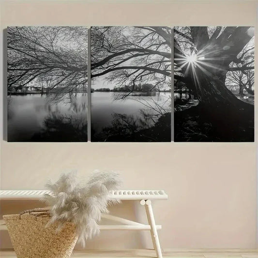 3pcs Black and White Tree with Lake Metal Print Ready to Hang Art