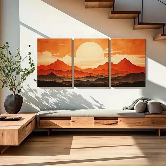 3pcs Sunset Mountains, Warm Orange & Red Tones Metal Print Ready to Hang Art