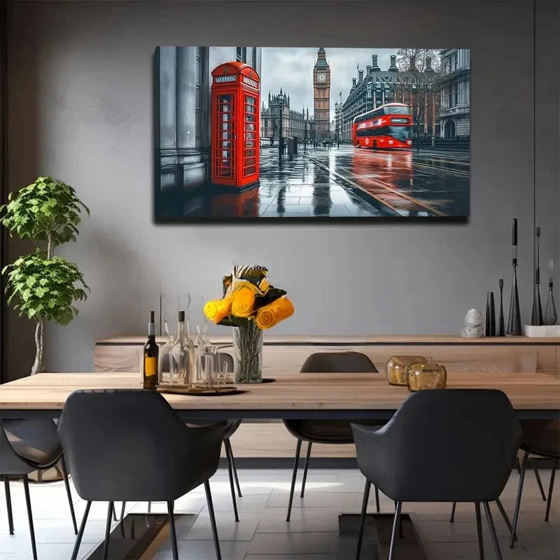 Vibrant Red Street Scene Wall Art Canvas Office Home Room Framed 80x45cm