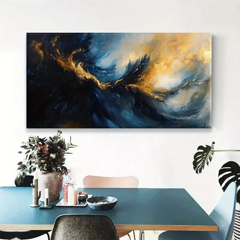 Golden Blue Abstract Ocean Wall Art Canvas Office Home Room Framed 120x60cm