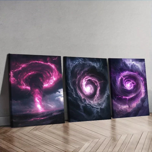 3pcs Tornado With Purple Color Lighting  Wall Art Set Canvas Framed 40x60cm - High Quality Print 100% Australian Made Wall Canvas Ready to Hang