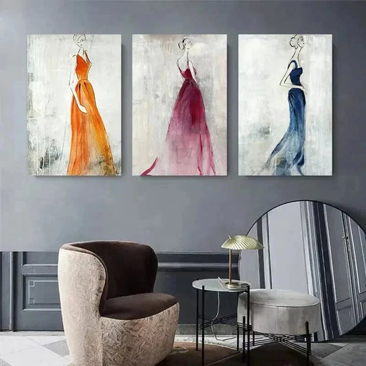 3pcs Elegant Women in Vibrant Watercolor Dresses Metal Print Ready to Hang Art