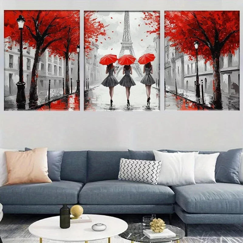 3pcs Paris Elegant Women with Red Umbrellas Wall Art Set Canvas Framed 40x60cm - High Quality Print 100% Australian Made Wall Canvas Ready to Hang