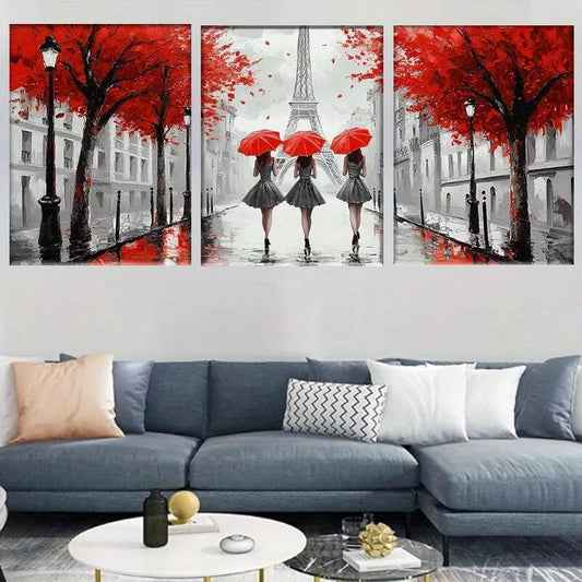 3pcs Paris Elegant Women with Red Umbrellas Wall Art Set Canvas Framed 40x60cm - High Quality Print 100% Australian Made Wall Canvas Ready to Hang
