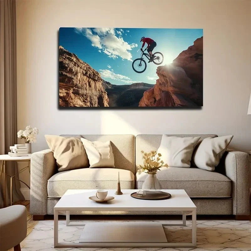 Dramatic Mountain Biking Scene Wall Art Canvas Office Home Room Framed 80x45cm