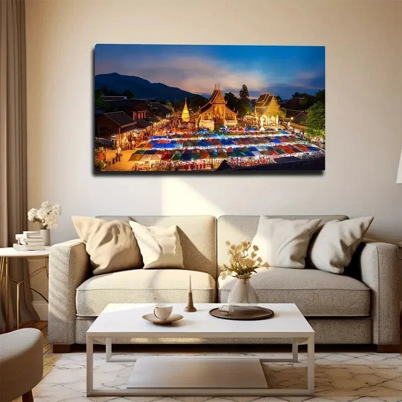 Southeast Asian Night Wall Art Canvas Office Home Room Framed 80x45cm