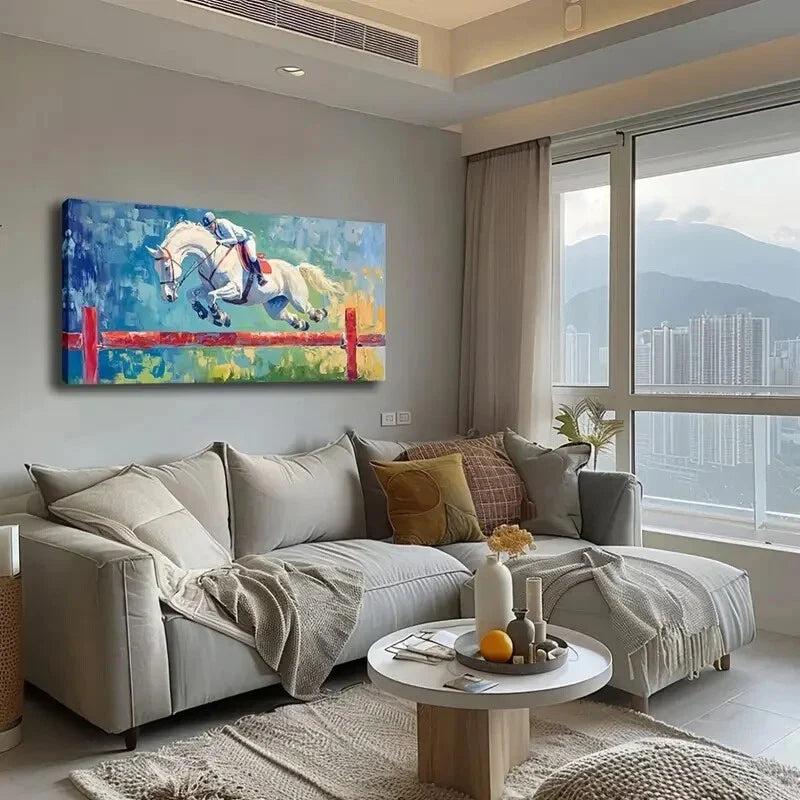 Horse Jumping Over Fence Wall Art Canvas Office Home Room Framed 120x60cm