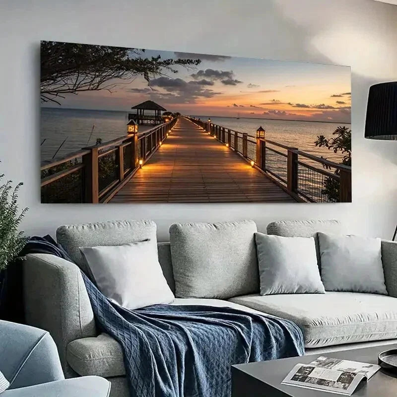 Sunset wooden Pier Lake wall canvas office home room framed 120x60cm