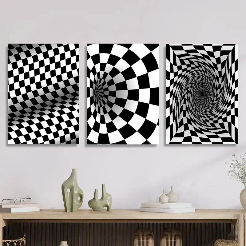 3pcs Black and white optical illusion swirl   Metal Print Ready to Hang Art
