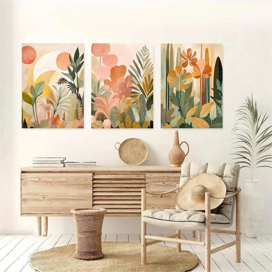 3pcs Earth Colored Plant Abstract Metal Print Ready to Hang Art