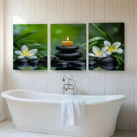 3pcs Nature Stones Candle and Plumeria Perfect Wall Art Set Canvas Framed 40x60cm - High Quality Print 100% Australian Made Wall Canvas Ready to Hang