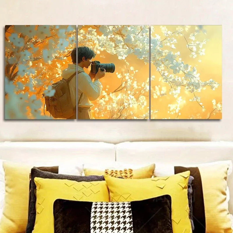 3pcs  Male Cameraman Holding Camera Flowers    Wall Art Set Canvas Framed 40x60cm - High Quality Print 100% Australian Made Wall Canvas Ready to Hang