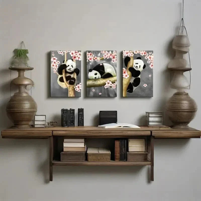 3pcs  Panda Bear Painting Cute Panda Metal Print Ready to Hang Art