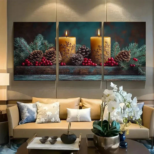 3pcs Festive Pinecones Berries & Evergreen Candles Metal Print Ready to Hang Art