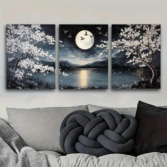 3pcs Nighttime Cherry Blossom Landscape Metal Print Ready to Hang Art