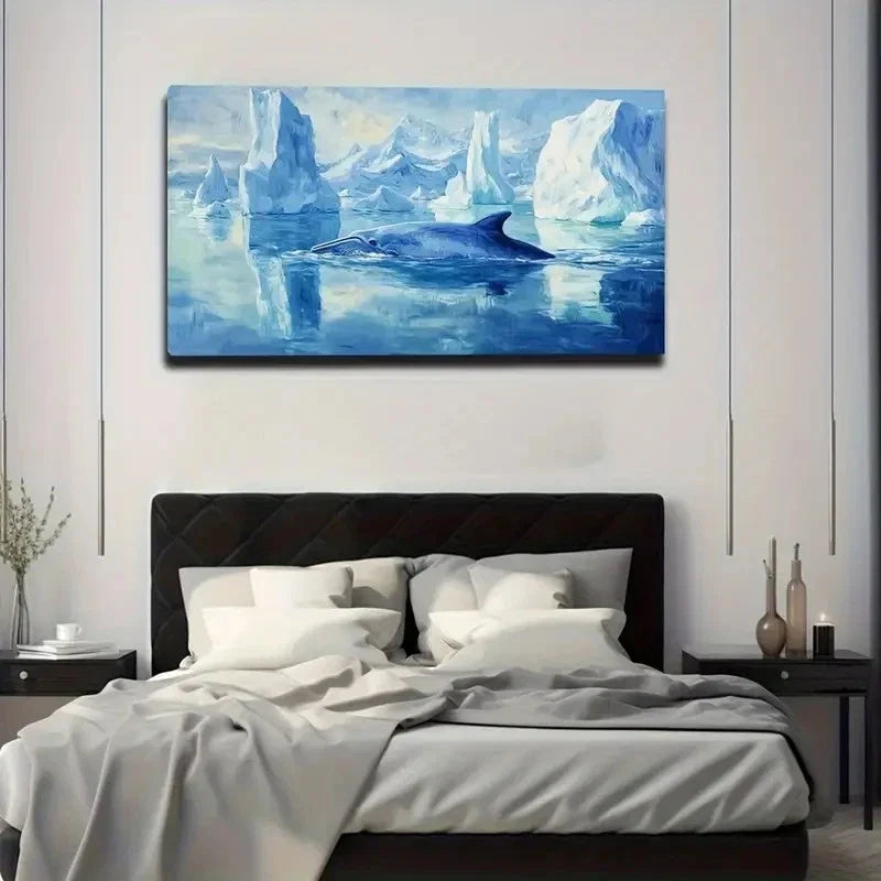 Whale & Icebergs Scene Décor Wall Art Canvas Office Home Room Framed 120x60cm