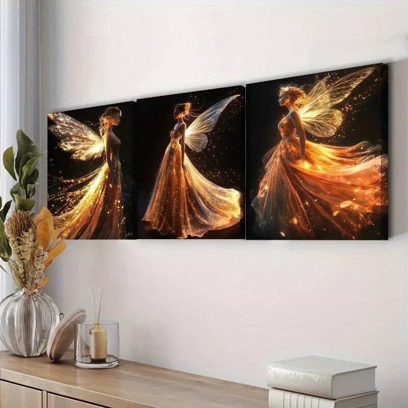 3pcs A Graceful Fairy In A Shiny Dress Wall Art Set Canvas Framed 40x60cm - High Quality Print 100% Australian Made Wall Canvas Ready to Hang