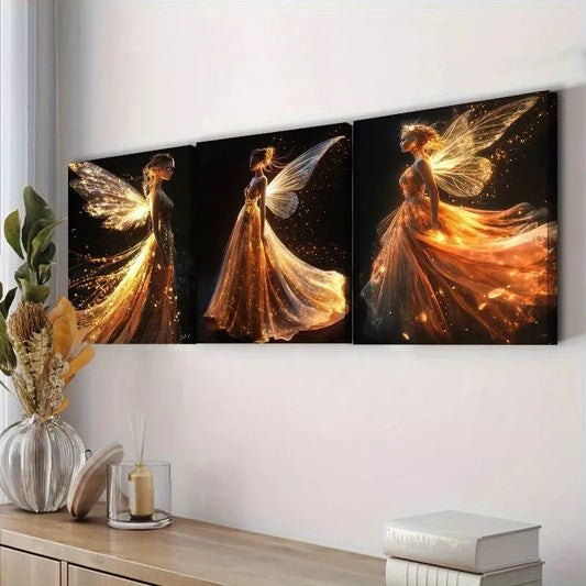 3pcs A Graceful Fairy In A Shiny Dress Wall Art Set Canvas Framed 40x60cm - High Quality Print 100% Australian Made Wall Canvas Ready to Hang