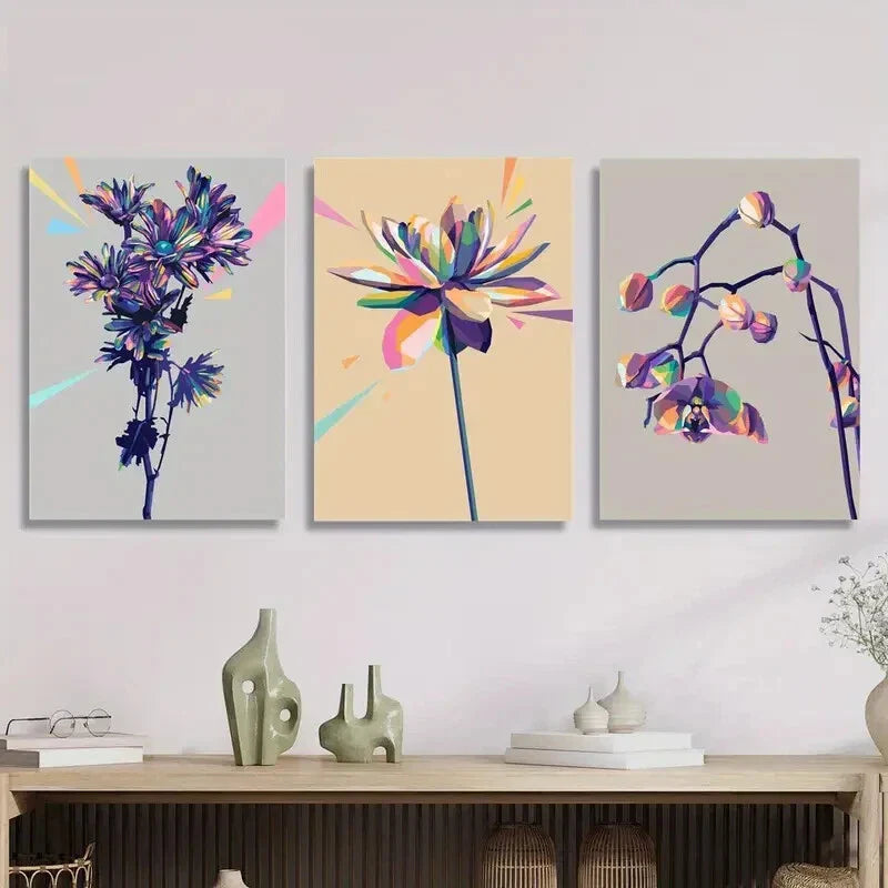 3pcs Flowers in pop art, purple orchids Metal Print Ready to Hang Art