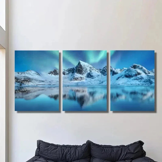 3pcs Night winter landscape with northern lights Metal Print Ready to Hang Art
