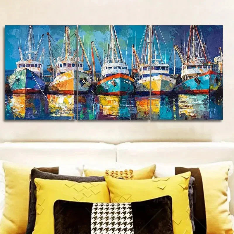 3pcs Fishing boats docked in port Metal Print Ready to Hang Art