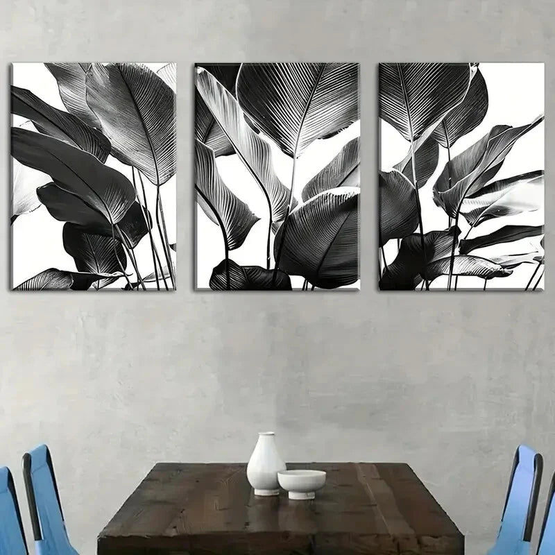 3pcs black and white style natural plant leaf  Metal Print Ready to Hang Art