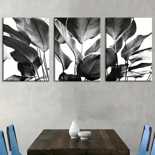 3pcs black and white style natural plant leaf  Metal Print Ready to Hang Art