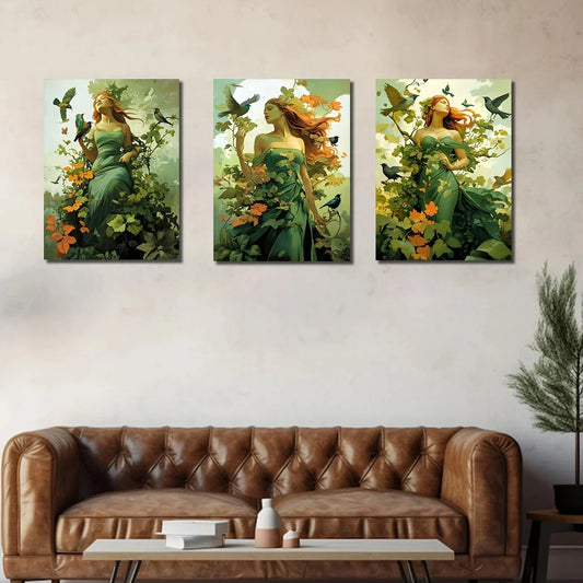 3pcs A Goddess Of Nature Surrounded By Birds Metal Print Ready to Hang Art