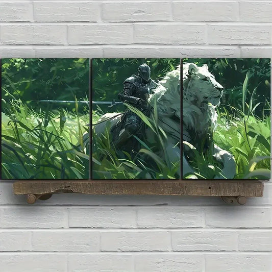 3pcs Lion Knight Fantasy Warrior and White Lion Metal Print Ready to Hang Art