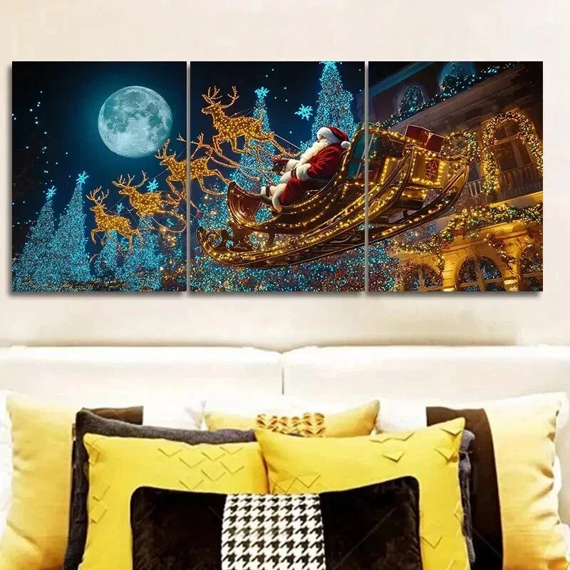 3pcs Festive Santa Claus Sleigh Ride Wall Art Set Canvas Framed 40x60cm - High Quality Print 100% Australian Made Wall Canvas Ready to Hang