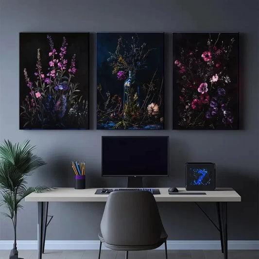 3pcs Red Blooms on a Dark Backdrop Floral Design Metal Print Ready to Hang Art