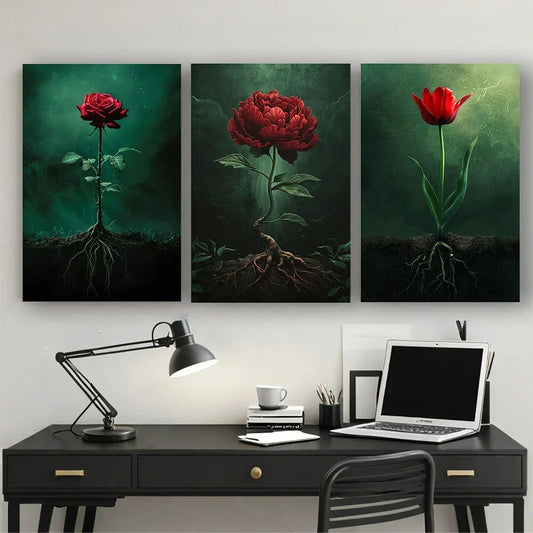 3pcs Modern Abstract Red Roses And Tulips Metal Print Ready to Hang Art
