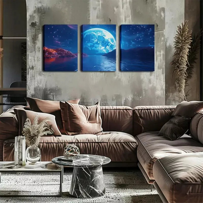 3pcs  Large Moon On The Sea Level   Wall Art Set Canvas Framed 40x60cm - High Quality Print 100% Australian Made Wall Canvas Ready to Hang