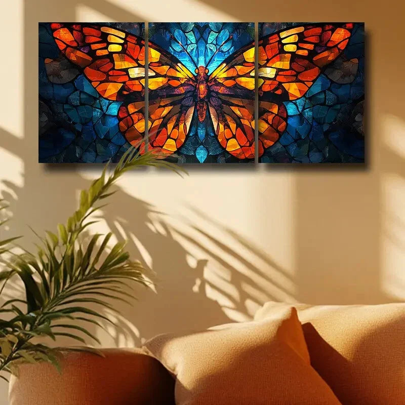 3pcs Colorful Butterfly Stained Glass Style Metal Print Ready to Hang Art