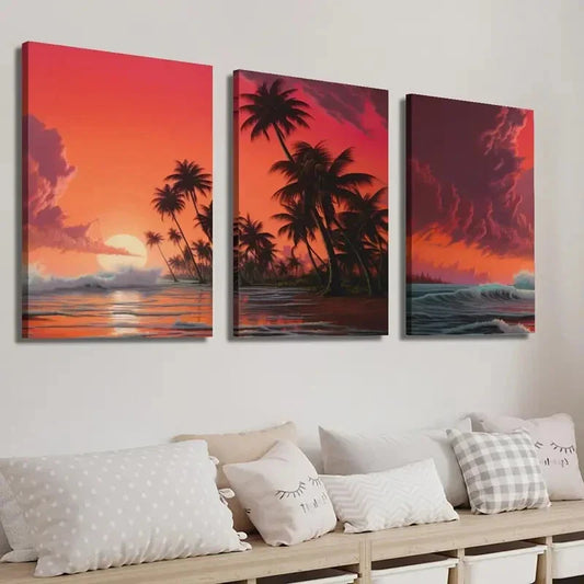 3pcs Tranquil Beach Sunset Tropical Plants Wall Art Set Canvas Framed 40x60cm - High Quality Print 100% Australian Made Wall Canvas Ready to Hang
