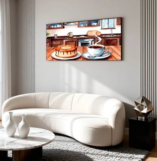 Cozy Kitchen Watercolour Cake Coffee Wall Art Canvas Office Home Framed 120x60cm