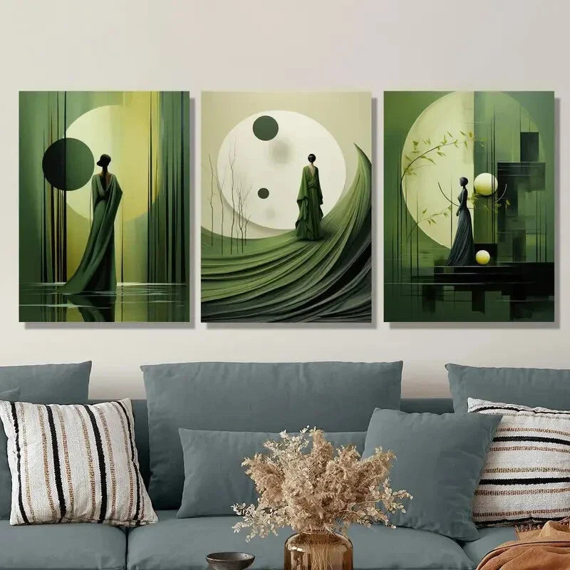 3pcs Abstract Olive Green Dreamy and Creative Metal Print Ready to Hang Art