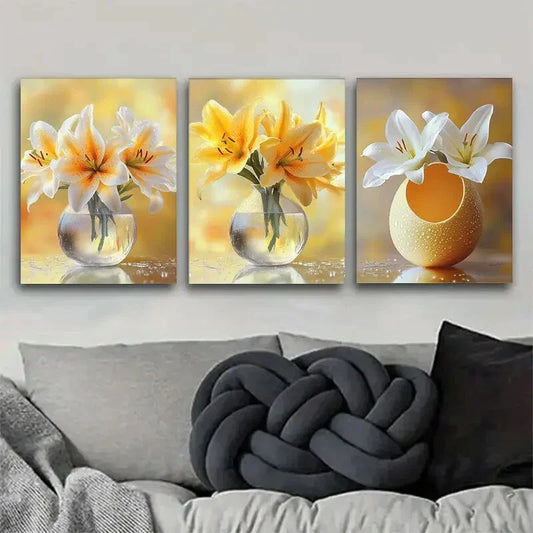 3pcs Yellow And White Lily Prints in Glass Vase Metal Print Ready to Hang Art