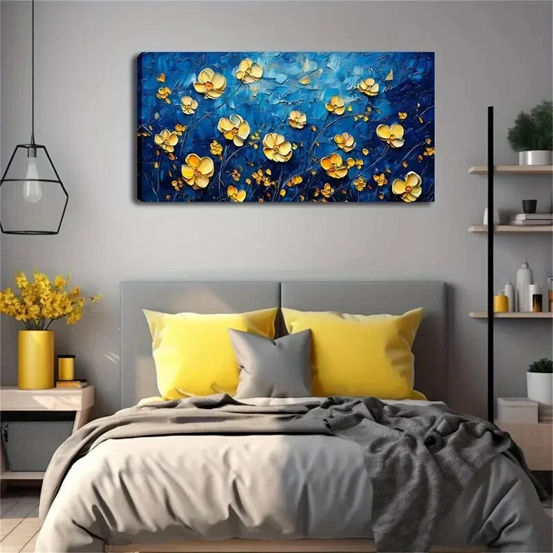 Realistic Yellow Flowers Dark Wall Art Canvas Office Home Room Framed 120x60cm