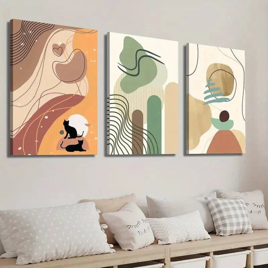 3pcs Geometric Abstract Shapes and Animal Cat Wall Art Set Canvas Framed 40x60cm - High Quality Print 100% Australian Made Wall Canvas Ready to Hang