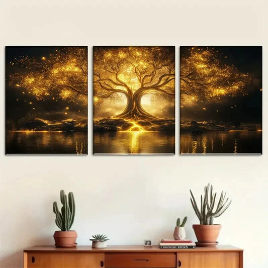 3pcs Golden Sunset &Starry Sky Tree Of Life Design Metal Print Ready to Hang Art
