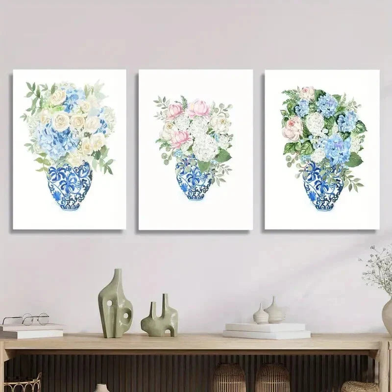 3pcs Watercolor Flowers, Chinese Style Ginger Jar Metal Print Ready to Hang Art
